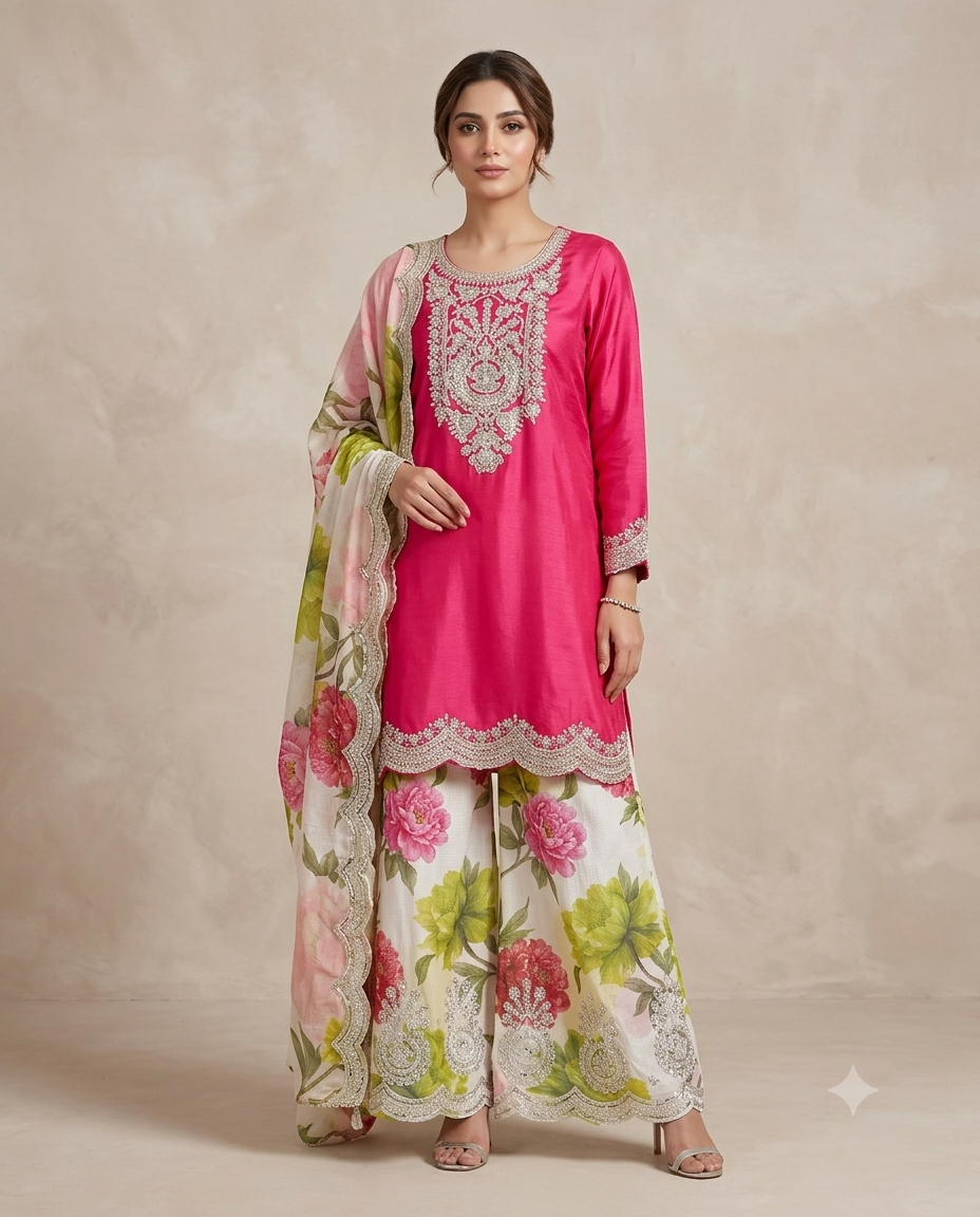Women’s Fuchsia Pink Embroidered Kurta Sharara Set with Floral Dupatta