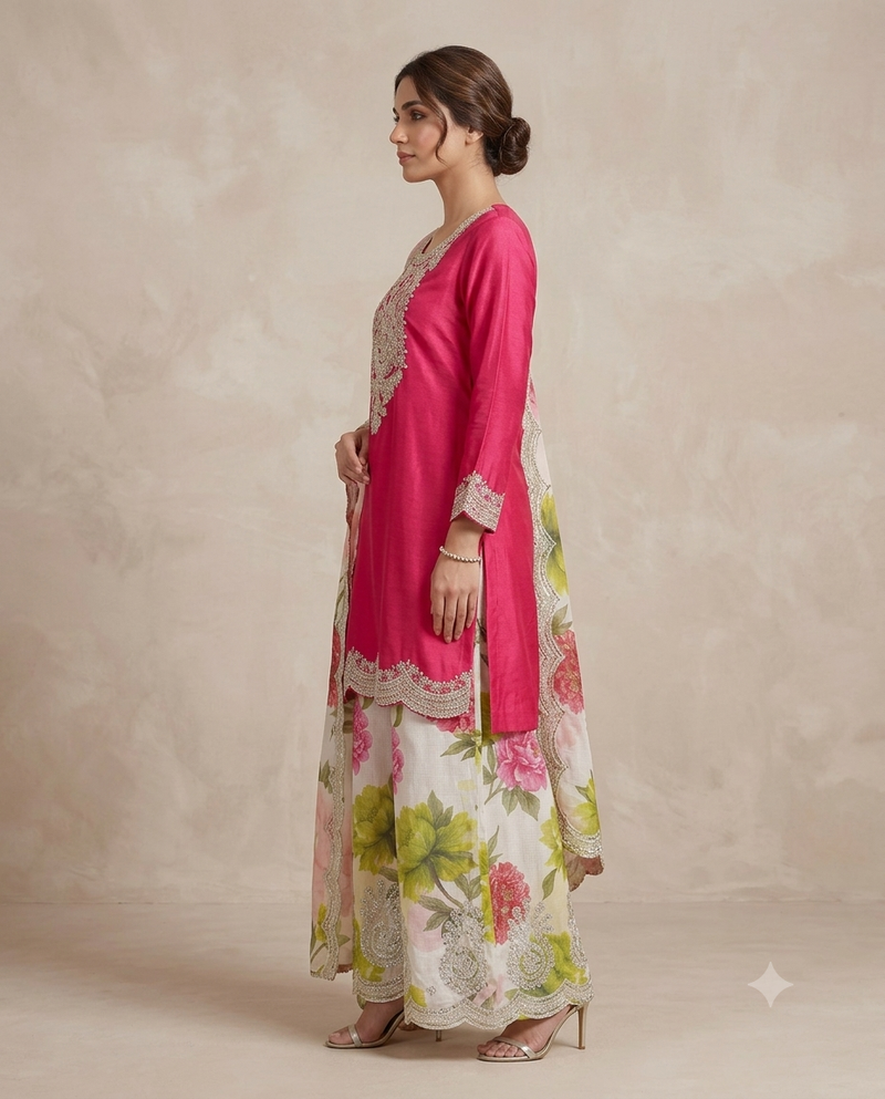 Women’s Fuchsia Pink Embroidered Kurta Sharara Set with Floral Dupatta