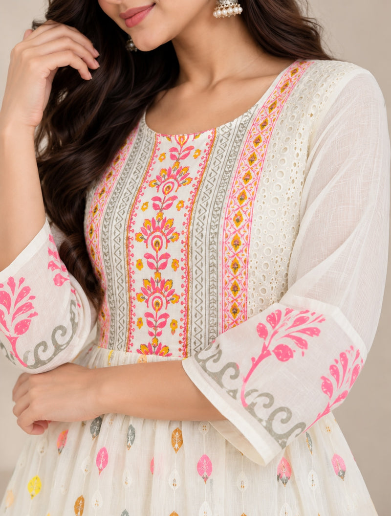 Women’s Cream Anarkali One-Piece Dress with Pink Floral Print