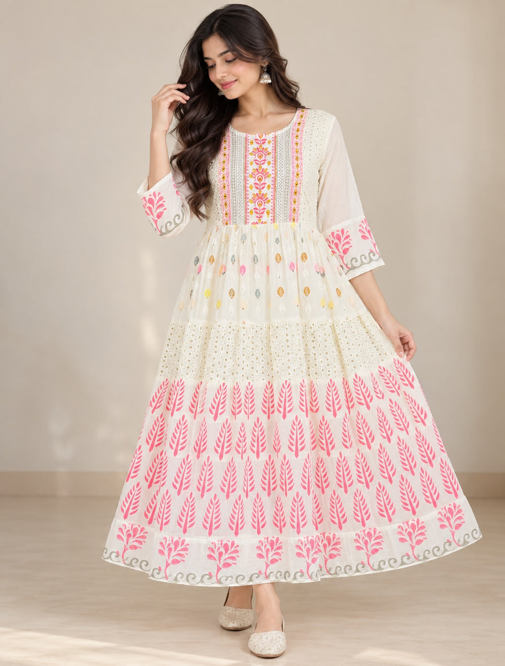 Women’s Cream Anarkali One-Piece Dress with Pink Floral Print