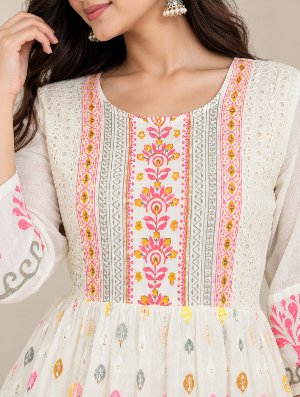 Women’s Cream Anarkali One-Piece Dress with Pink Floral Print