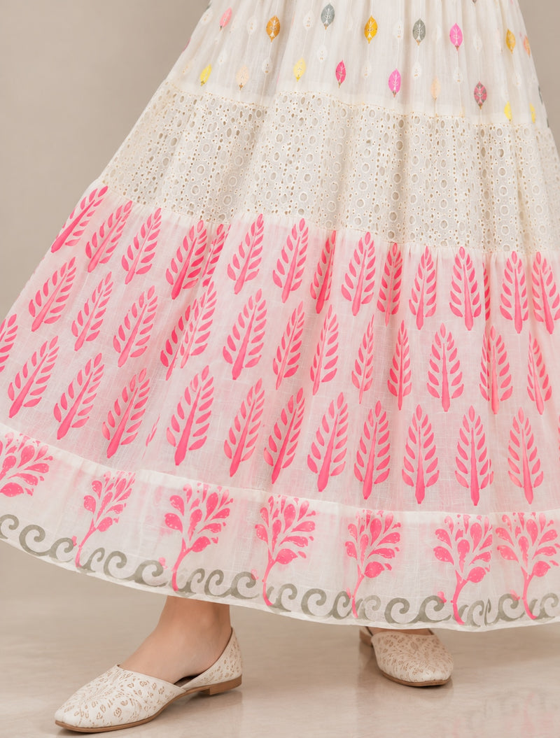 Women’s Cream Anarkali One-Piece Dress with Pink Floral Print
