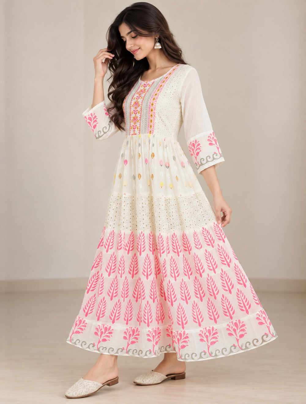 Women’s Cream Anarkali One-Piece Dress with Pink Floral Print