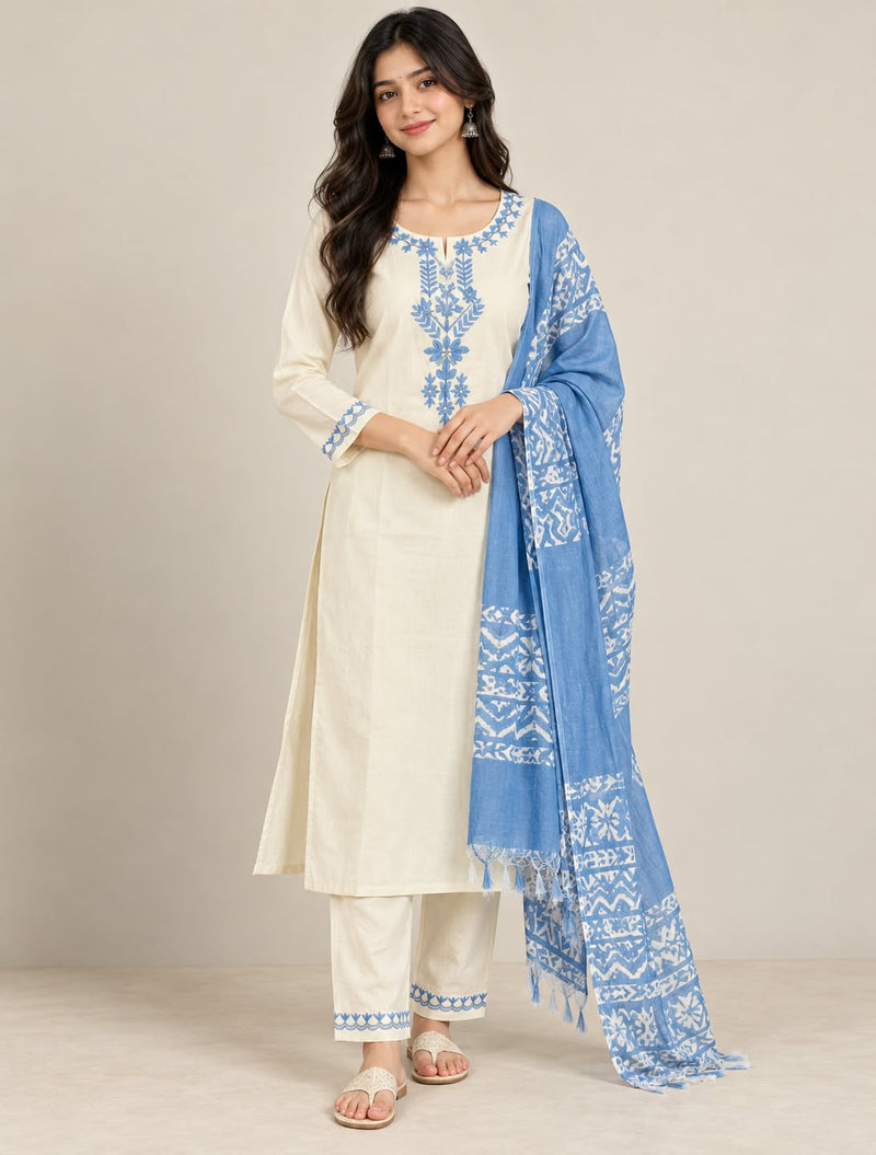 Women’s Cream Kurta Set with Blue Floral Embroidery & Printed Dupatta