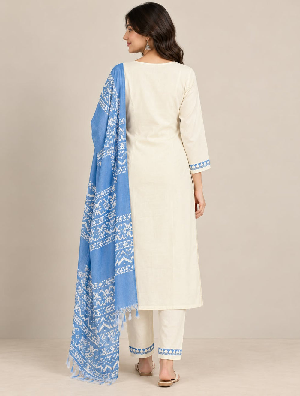 Women’s Cream Kurta Set with Blue Floral Embroidery & Printed Dupatta