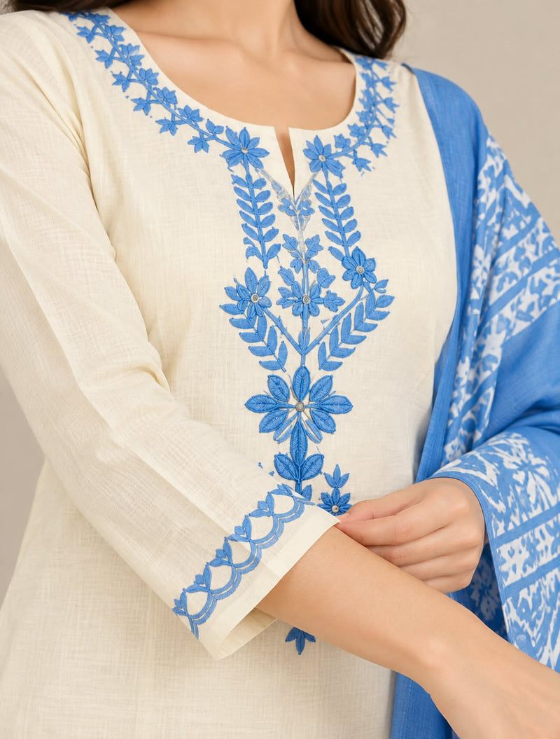 Women’s Cream Kurta Set with Blue Floral Embroidery & Printed Dupatta