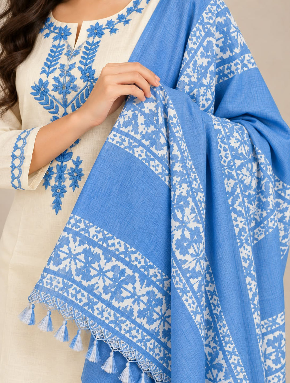 Women’s Cream Kurta Set with Blue Floral Embroidery & Printed Dupatta