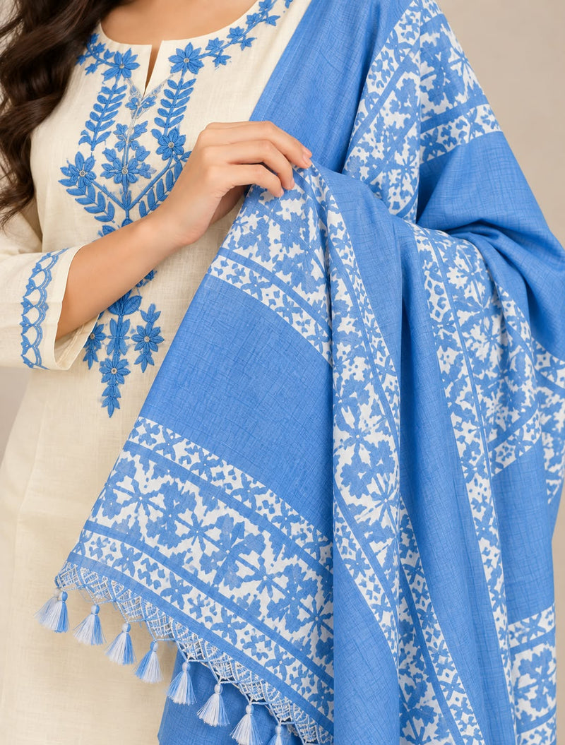 Women’s Cream Kurta Set with Blue Floral Embroidery & Printed Dupatta