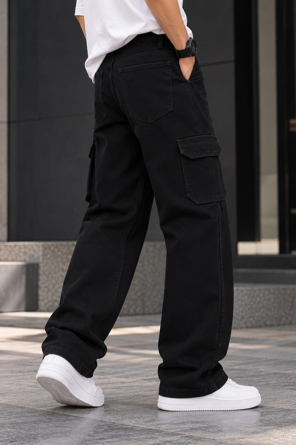Men’s Black Wide Leg Cargo Pants – Relaxed Fit Utility Trousers