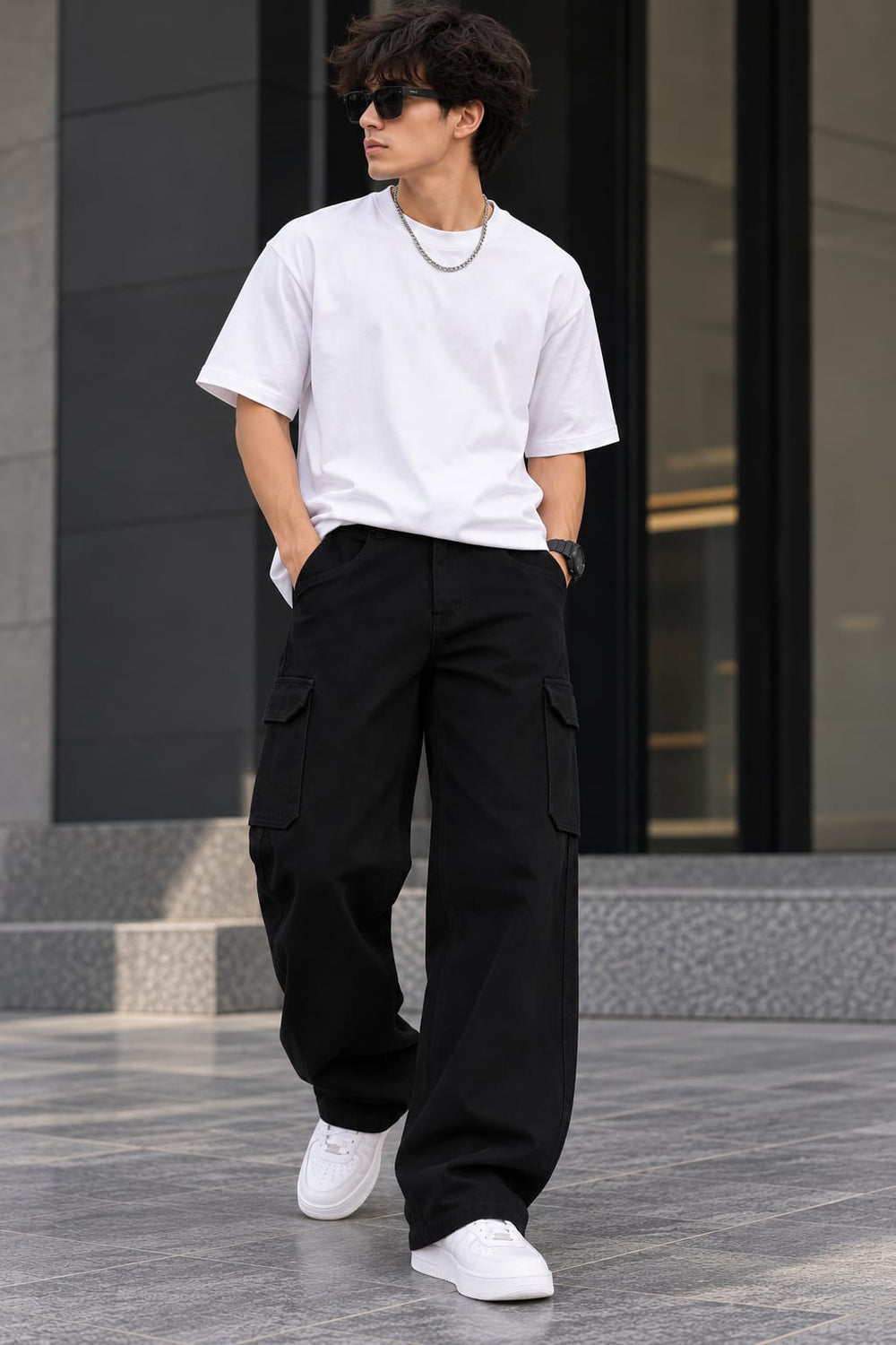Men’s Black Wide Leg Cargo Pants – Relaxed Fit Utility Trousers