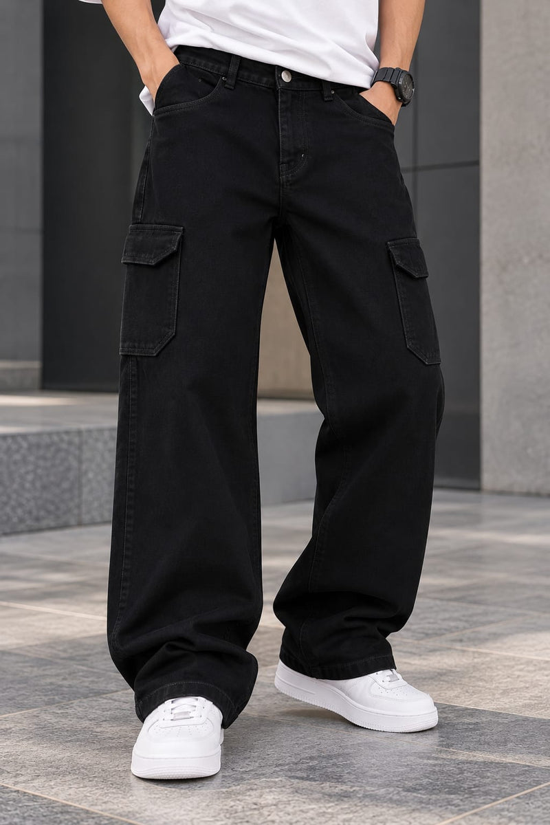 Men’s Black Wide Leg Cargo Pants – Relaxed Fit Utility Trousers
