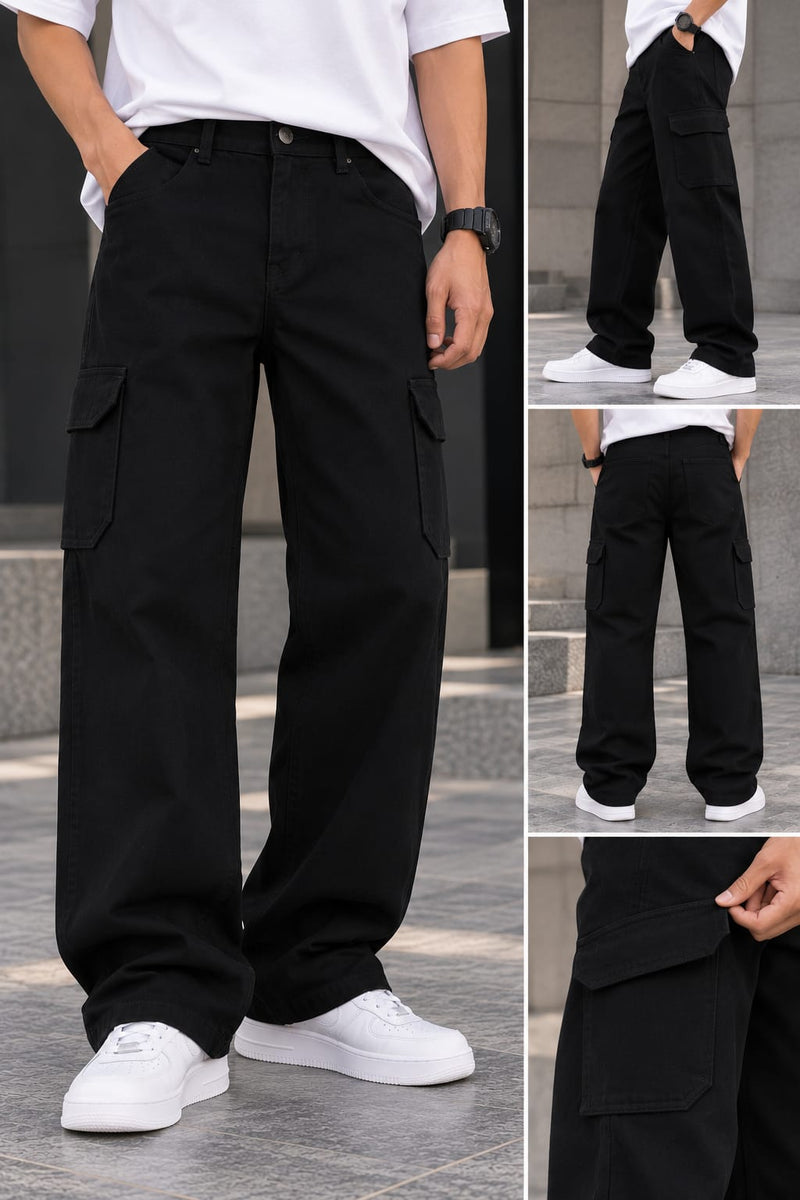 Men’s Black Wide Leg Cargo Pants – Relaxed Fit Utility Trousers