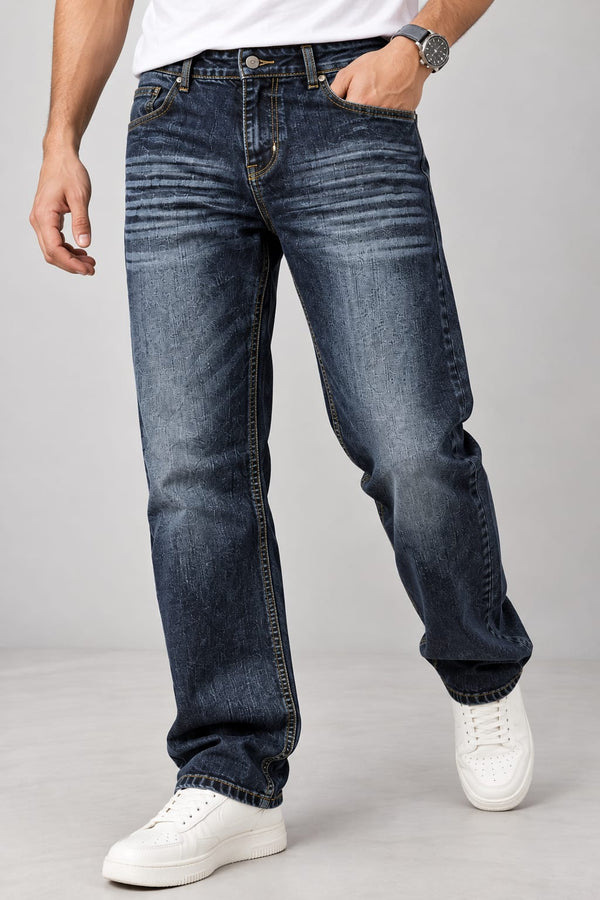 Men’s Dark Blue Washed Denim Jeans – Modern Streetwear Style