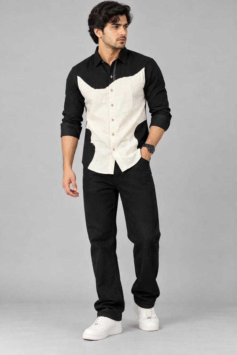 Men's Black & Cream Color Block Shirt – Modern Full Sleeve Casual Shirt Copy title