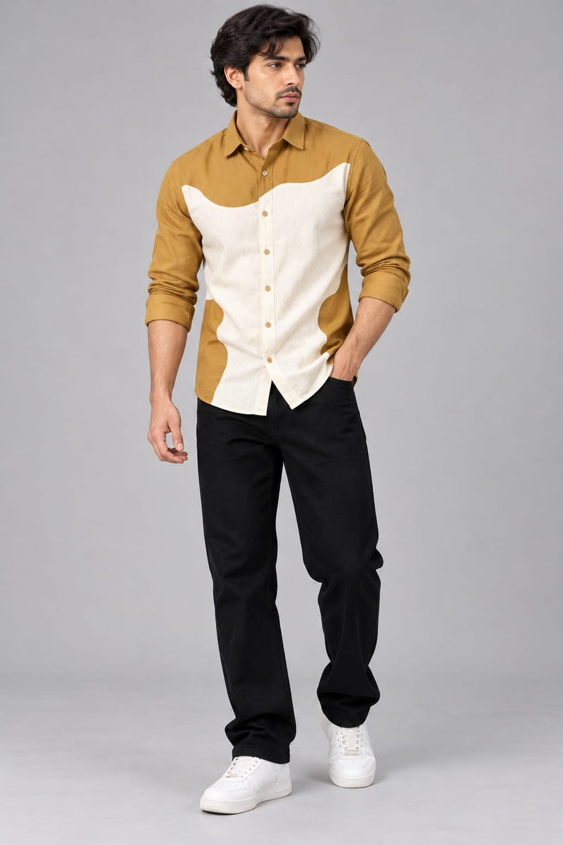 Men’s Mustard Yellow & Cream Color Block Shirt – Full Sleeve Casual Button Down