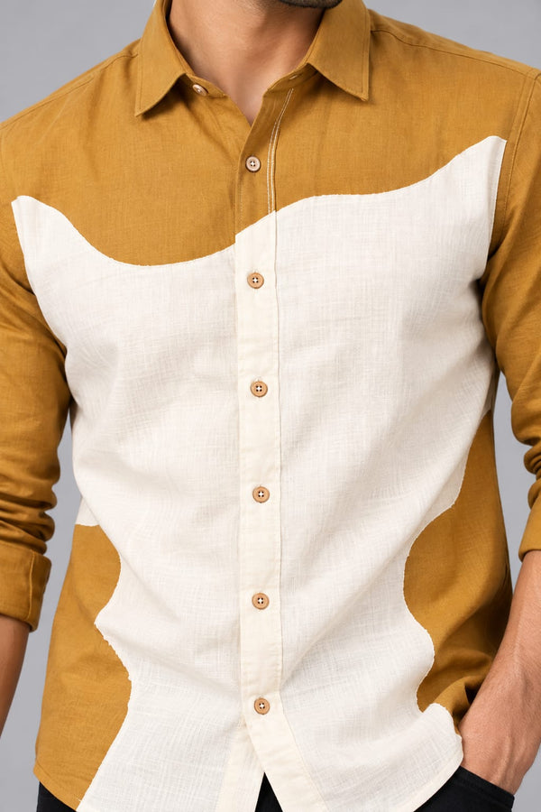 Men’s Mustard Yellow & Cream Color Block Shirt – Full Sleeve Casual Button Down