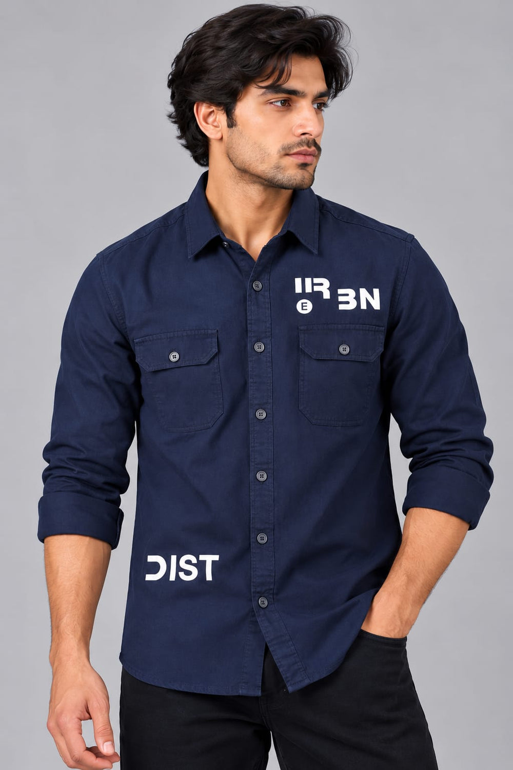 Men’s Navy Blue Utility Shirt with Graphic Print – Full Sleeve Casual Shirt