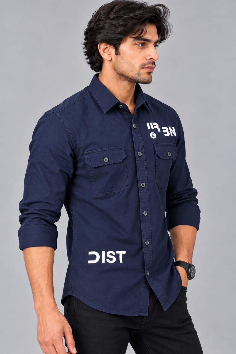 Men’s Navy Blue Utility Shirt with Graphic Print – Full Sleeve Casual Shirt