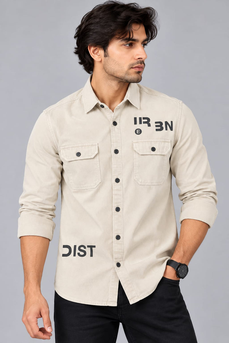 Men's Beige Button Down Shirt with Dual Pockets & Graphic Print