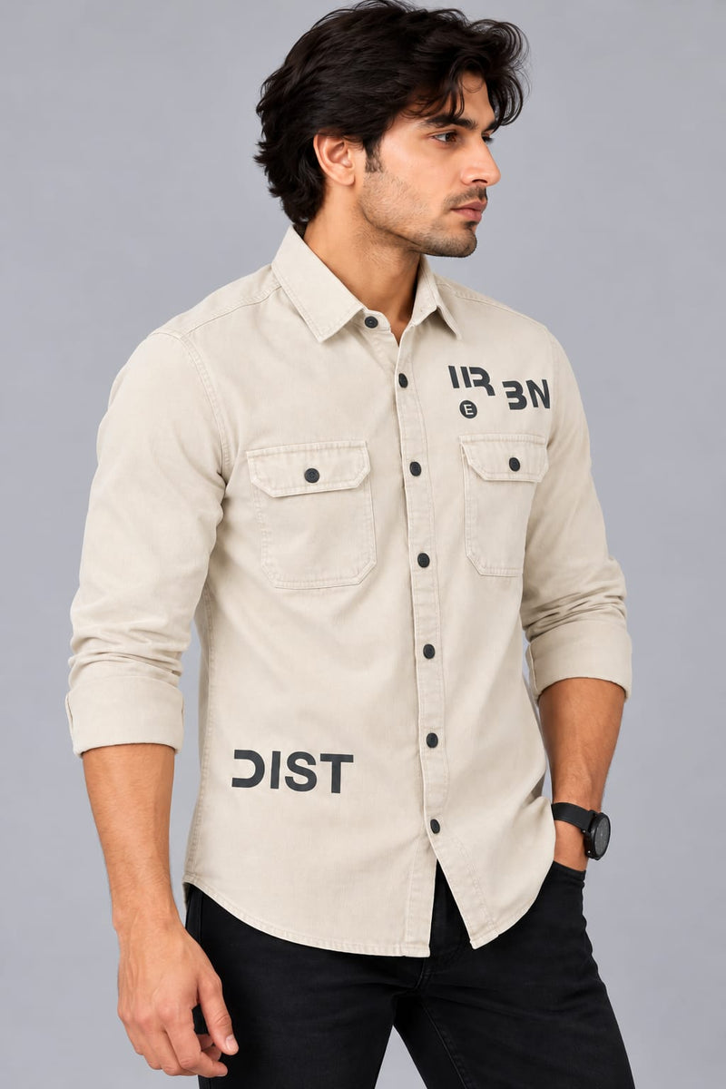 Men's Beige Button Down Shirt with Dual Pockets & Graphic Print