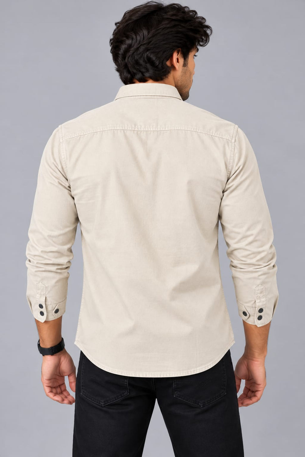Men's Beige Button Down Shirt with Dual Pockets & Graphic Print