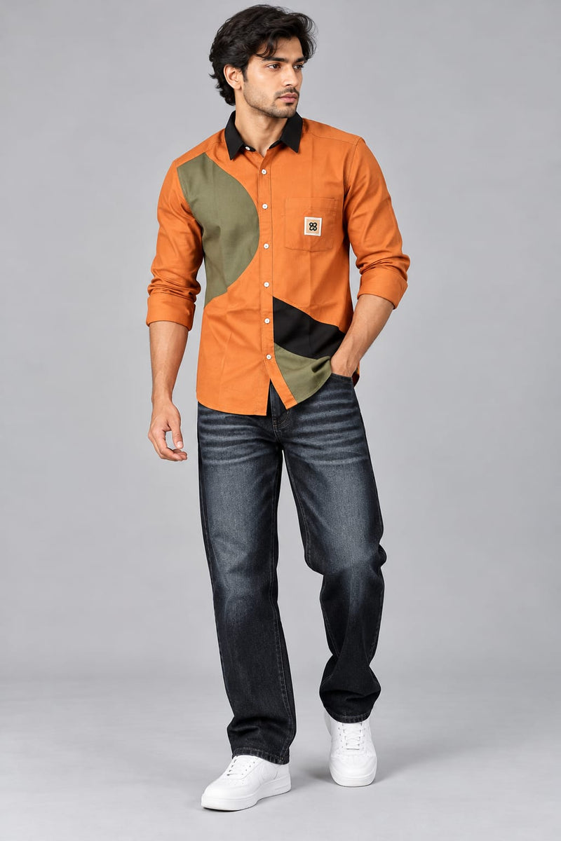 Men’s Orange Color Block Shirt with Black Collar & Olive Green Panels