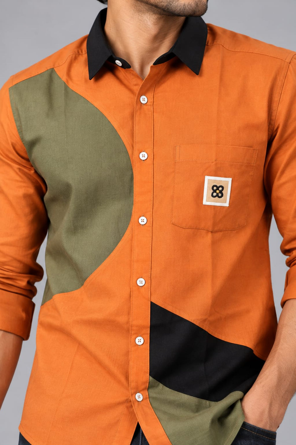 Men’s Orange Color Block Shirt with Black Collar & Olive Green Panels