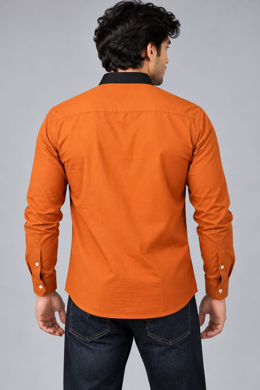 Men’s Orange Color Block Shirt with Black Collar & Olive Green Panels