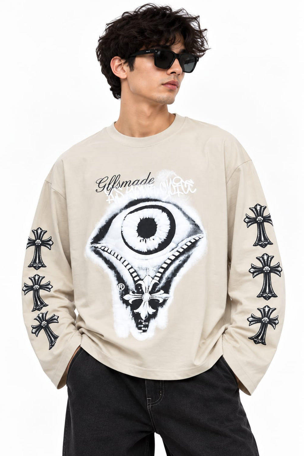 Men’s Beige Graphic Long Sleeve T-Shirt – Bold Streetwear Style