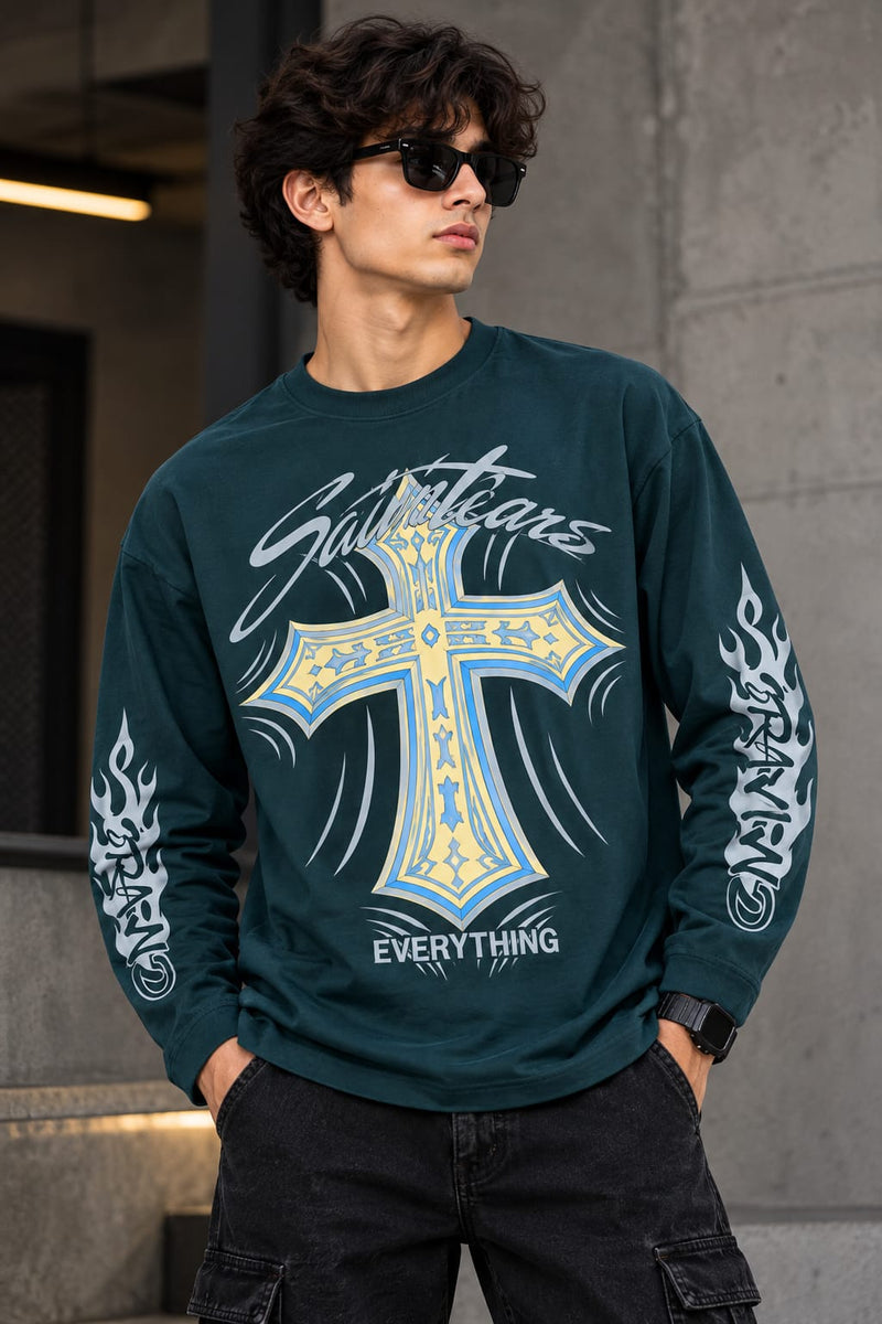 Men’s Dark Teal Graphic Long Sleeve T-Shirt