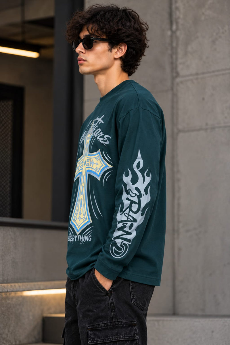 Men’s Dark Teal Graphic Long Sleeve T-Shirt
