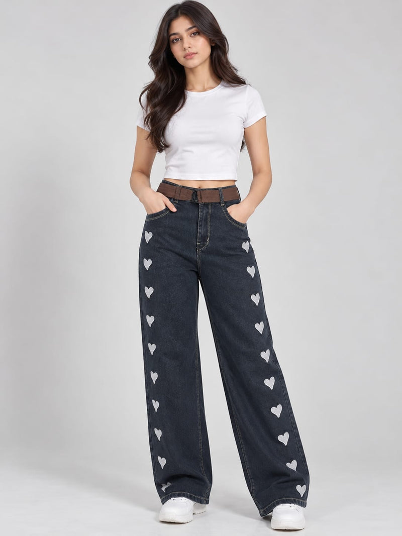 Women’s Black Wide-Leg Jeans with White Heart Print | Trendy High-Waist Baggy Denim Pants