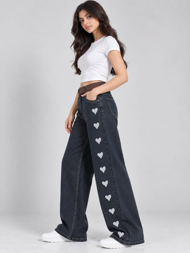 Women’s Black Wide-Leg Jeans with White Heart Print | Trendy High-Waist Baggy Denim Pants