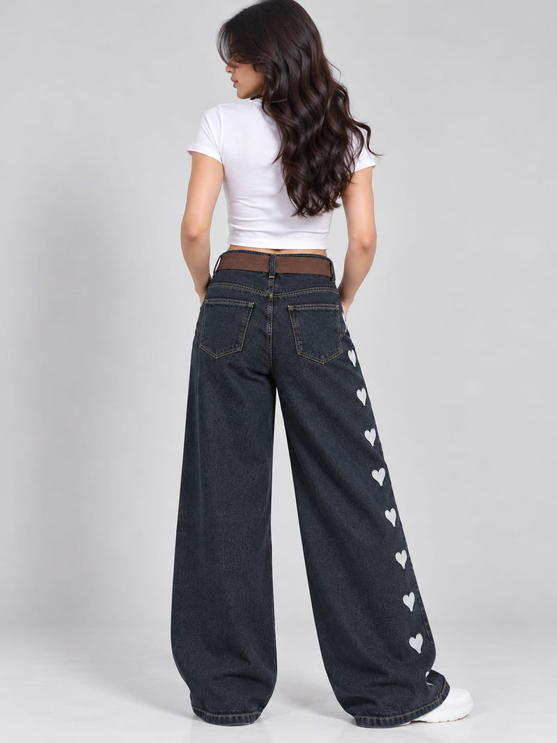 Women’s Black Wide-Leg Jeans with White Heart Print | Trendy High-Waist Baggy Denim Pants