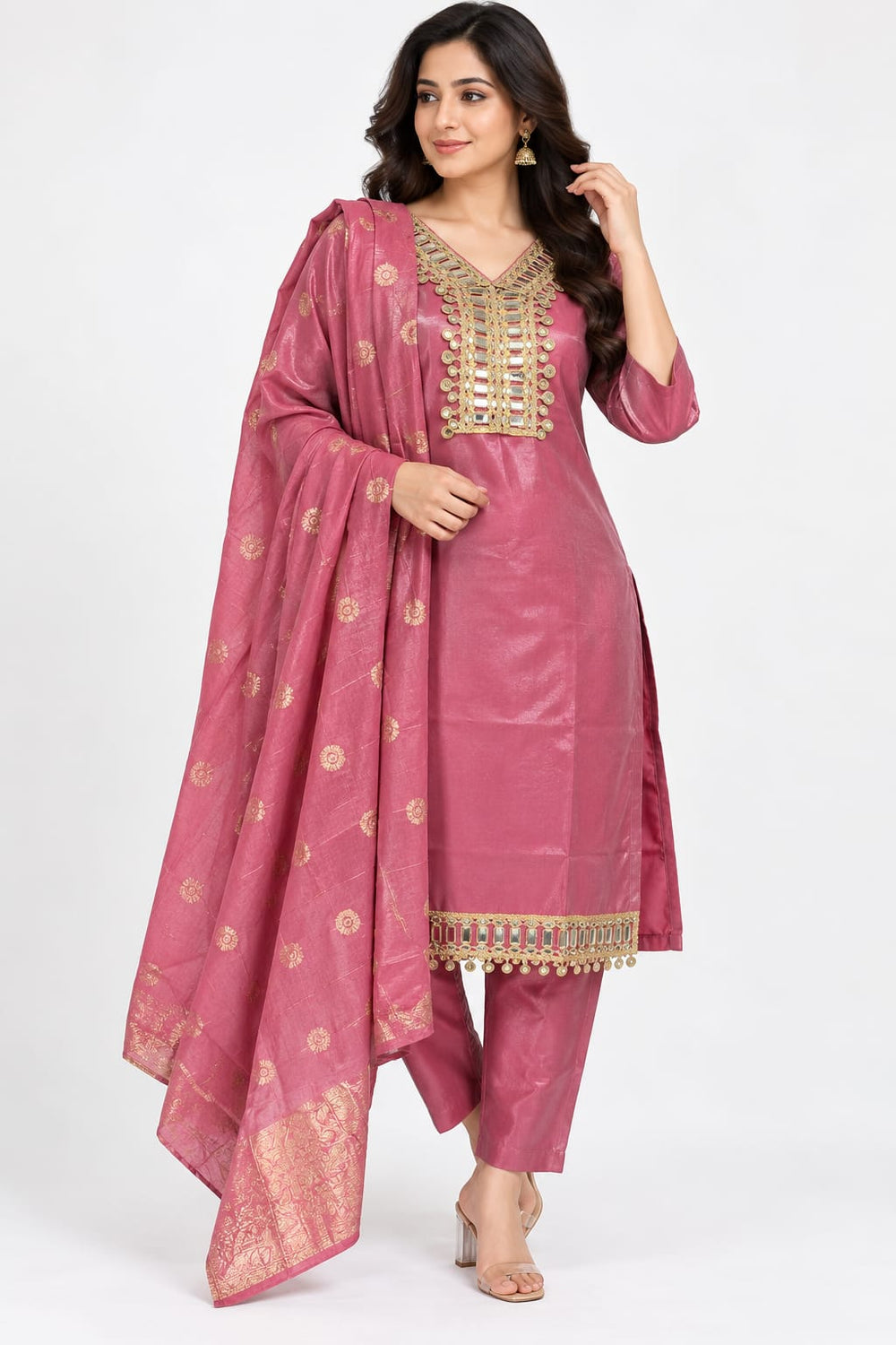 Women’s Rose Pink Ethnic Suit Set with Embellished Neckline & Printed Dupatta