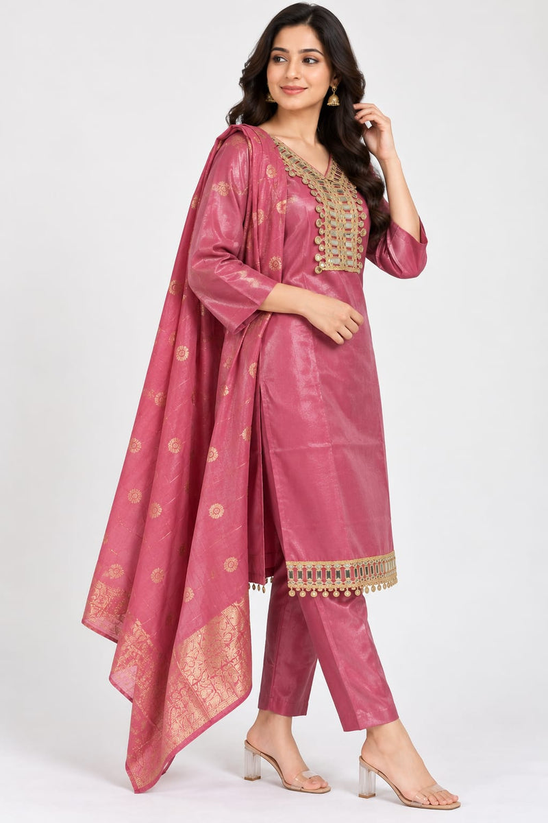 Women’s Rose Pink Ethnic Suit Set with Embellished Neckline & Printed Dupatta