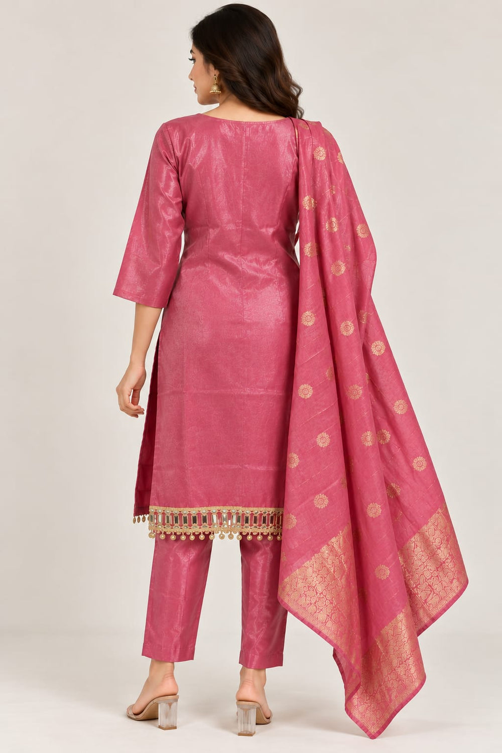 Women’s Rose Pink Ethnic Suit Set with Embellished Neckline & Printed Dupatta
