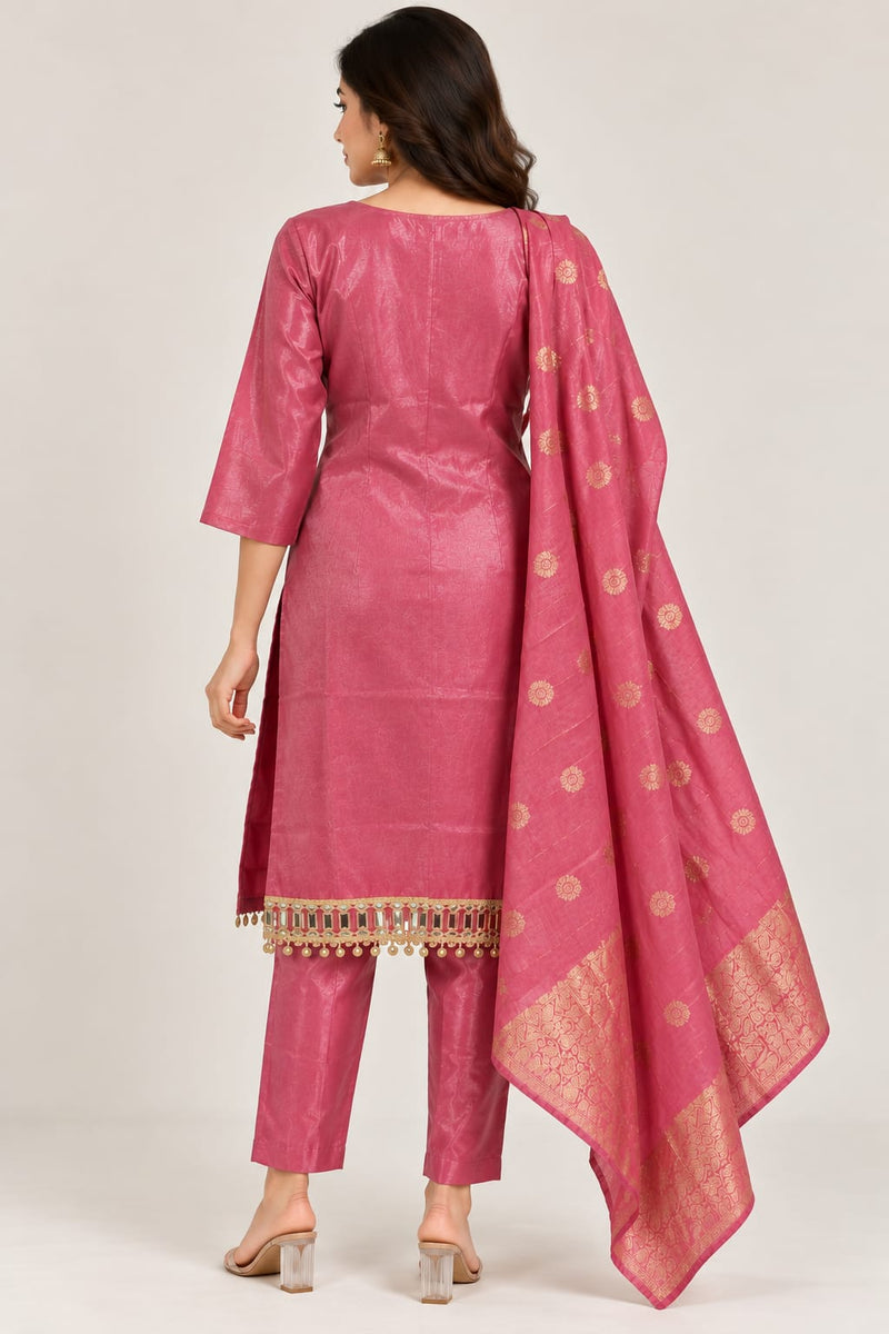 Women’s Rose Pink Ethnic Suit Set with Embellished Neckline & Printed Dupatta