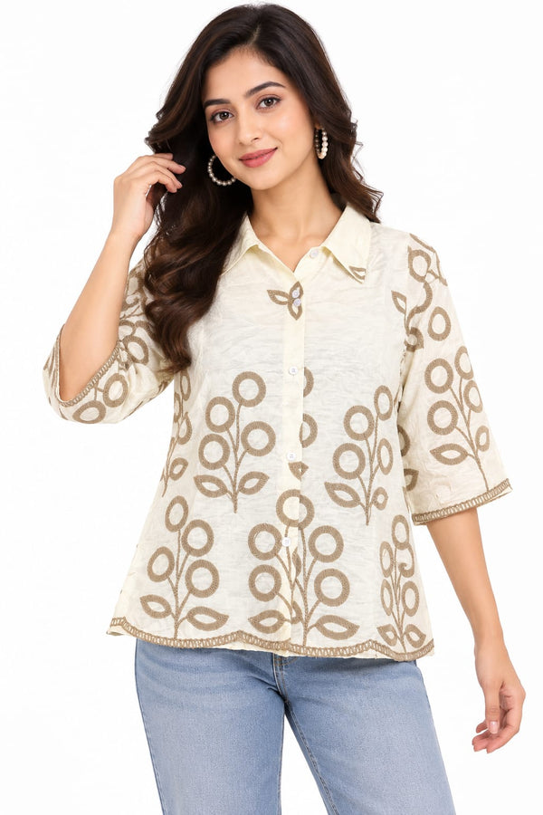 Women’s Cream Printed Shirt with Brown Floral Pattern | Casual Button-Down Top