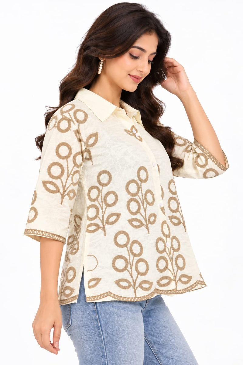 Women’s Cream Printed Shirt with Brown Floral Pattern | Casual Button-Down Top