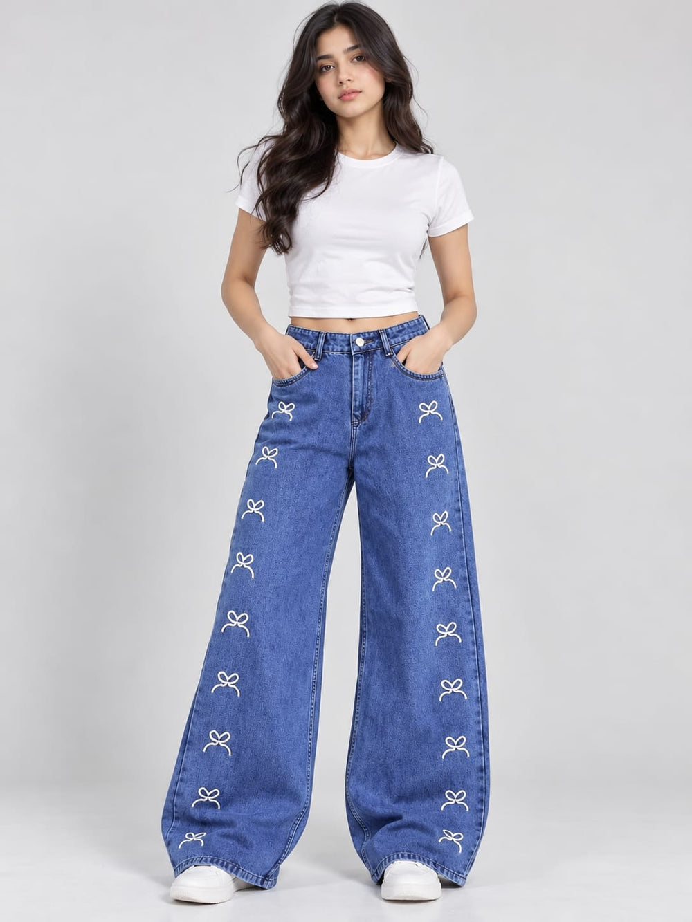 Women’s Blue Wide-Leg Jeans with White Bow Embroidery – High-Waisted Baggy Denim Pants