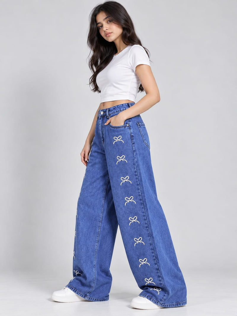 Women’s Blue Wide-Leg Jeans with White Bow Embroidery – High-Waisted Baggy Denim Pants