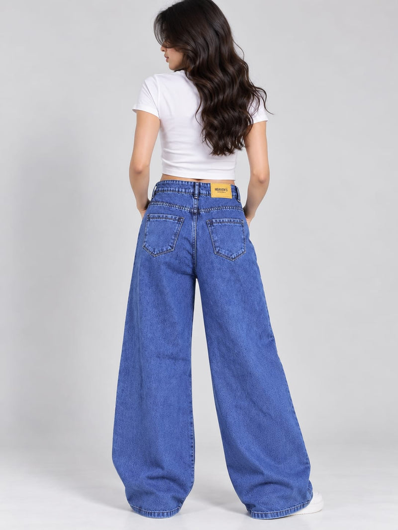 Women’s Blue Wide-Leg Jeans with White Bow Embroidery – High-Waisted Baggy Denim Pants