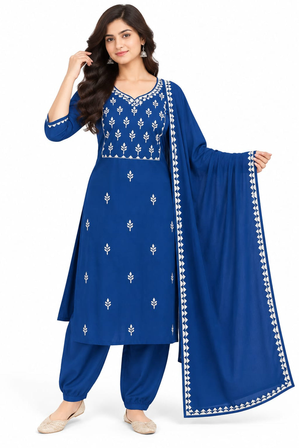 Women’s Royal Blue Printed Kurta Set with Matching Dupatta & Pants