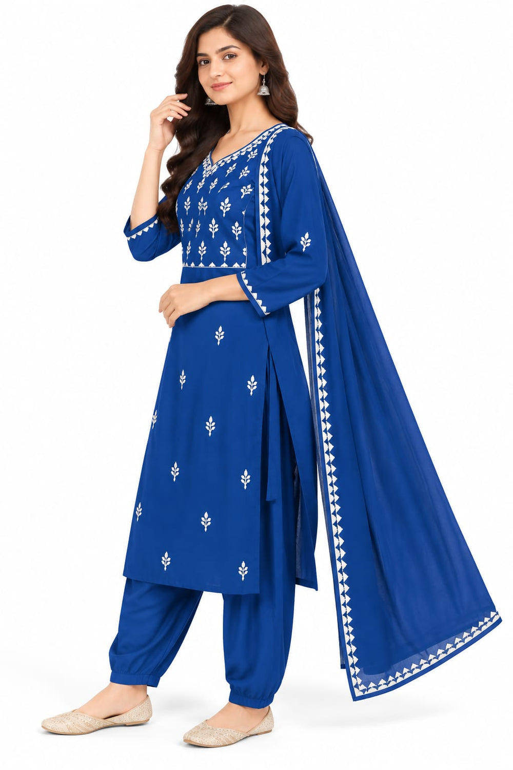 Women’s Royal Blue Printed Kurta Set with Matching Dupatta & Pants