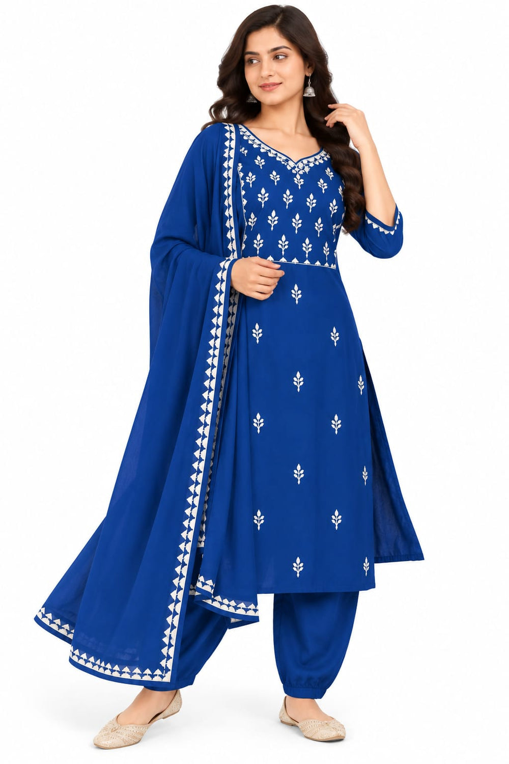 Women’s Royal Blue Printed Kurta Set with Matching Dupatta & Pants