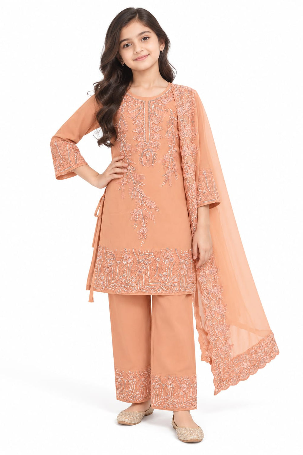 Peach Embroidered Girls Ethnic Wear Set with Dupatta – Festive Party Wear Suit