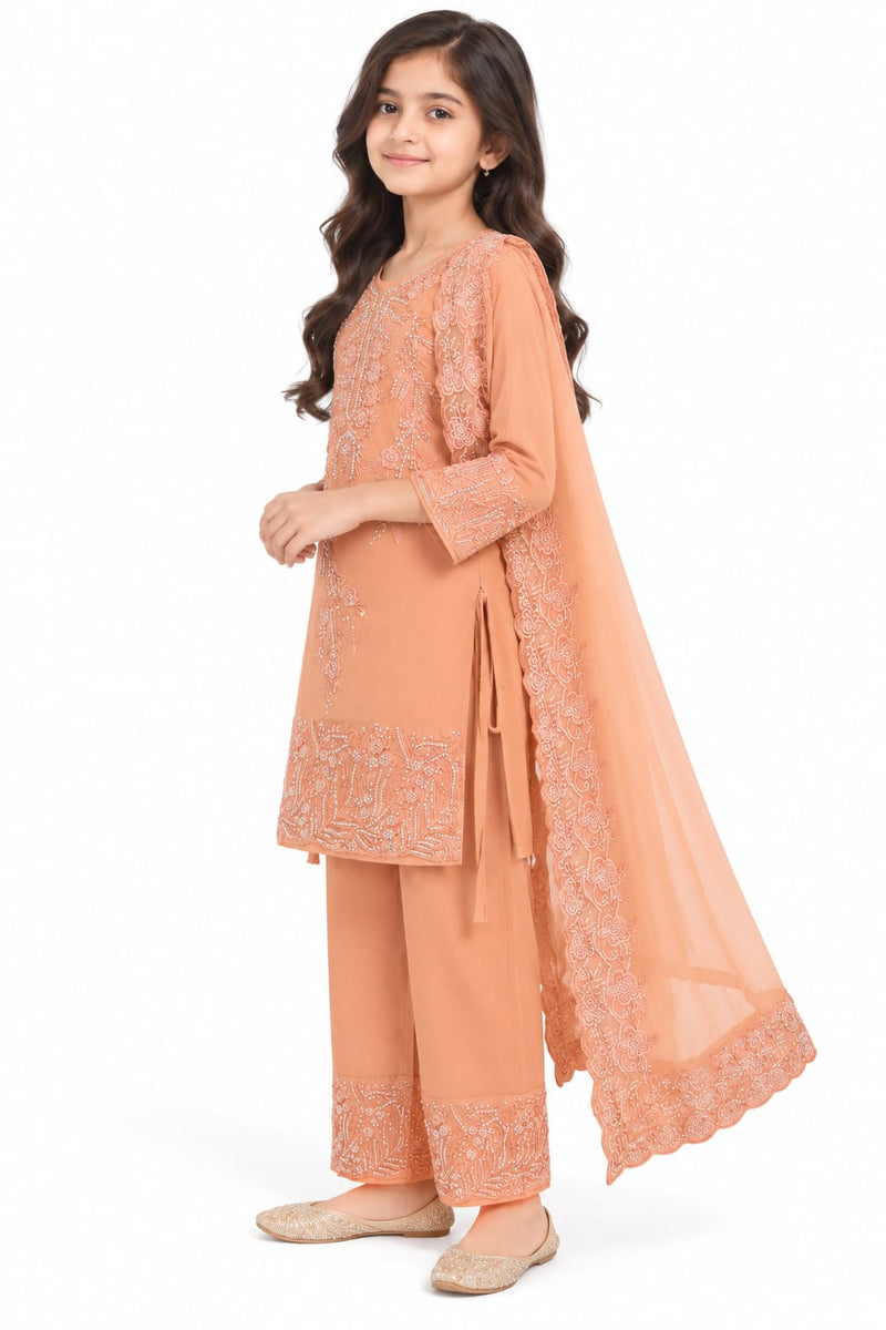 Peach Embroidered Girls Ethnic Wear Set with Dupatta – Festive Party Wear Suit