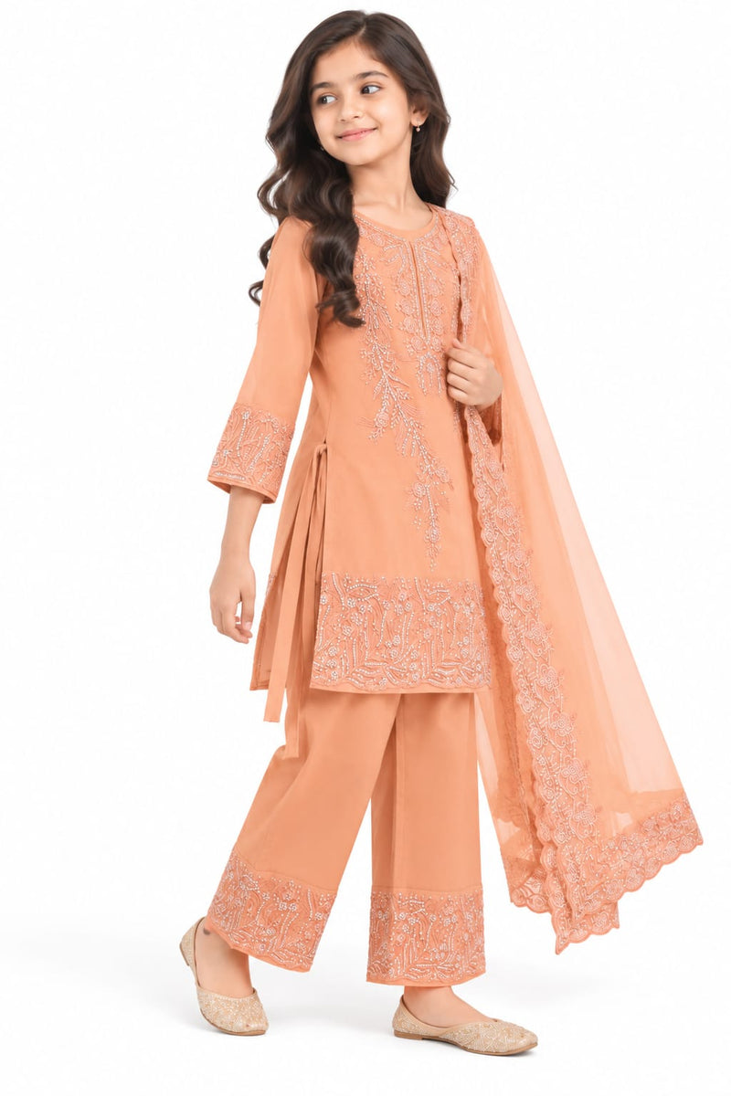 Peach Embroidered Girls Ethnic Wear Set with Dupatta – Festive Party Wear Suit