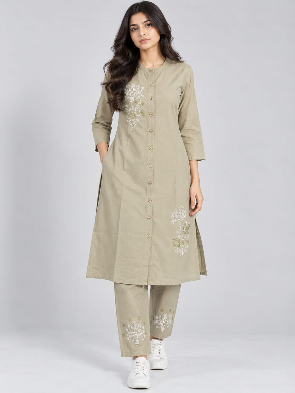 Women’s Olive Beige Embroidered Kurta Set with Matching Pants